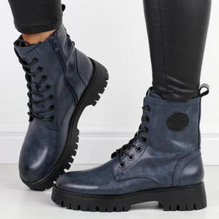 Granatowe skórzane botki damskie na traperze Sergio Leone Tr710-S - Botki damskie - miniaturka - grafika 1