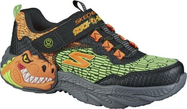 Skechers Dino-Lights, trampki chłopięce z zapięciem na rzep w kolorze czarno-pomarańczowym, wkładka Skechers, modna podeszwa zewnętrzna