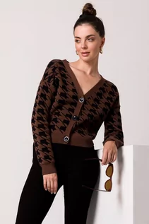 Swetry damskie - BK104 Krótki kardigan we wzór pepitka - brązowy (kolor brąz, rozmiar S/M) - grafika 1