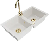 Zlewozmywaki z baterią - Mexen Mario zlewozmywak granitowy 2-komorowy z baterią kuchenną Telma, biały - 6504-20-670200-50 - miniaturka - grafika 1