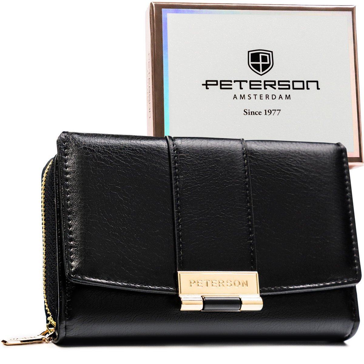 Portfel damski czarny PETERSON mały poziomy na zatrzask i suwak ochrona RFID rozbudowany na karty elegancki