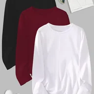 Bluzki damskie - TEMU 3 sztuki damskich bluzek z długim rękawem i okrągłym dekoltem w różnych kolorach - Wygodne, rozciągliwe, jednokolorowe bluzki na co dzień na - miniaturka - grafika 1