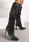Kozaki damskie - Czarne Jeansowe Kozaki na Szpilce z Kieszenią Vefiano - Renee - miniaturka - grafika 1