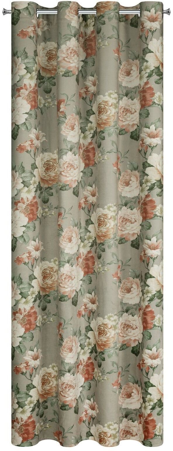 Eurofirany Zasłona 140x250 cm FIORE oliwkowa w kwiaty na przelotkach