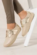 Trampki damskie - Beżowe sneakersy skórzane damskie creepersy sznurowane ze złotymi dodatkami PRODUKT POLSKI Casu 10170 - miniaturka - grafika 1