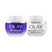 Kremy do twarzy - Olay Retinol24 Krem na noc i Olay Collagen Peptide24 krem na dzień z SPF30. Opakowanie 2 kremy przeciwzmarszczkowe, jędrniejsza i nawilżona skóra - miniaturka - grafika 1