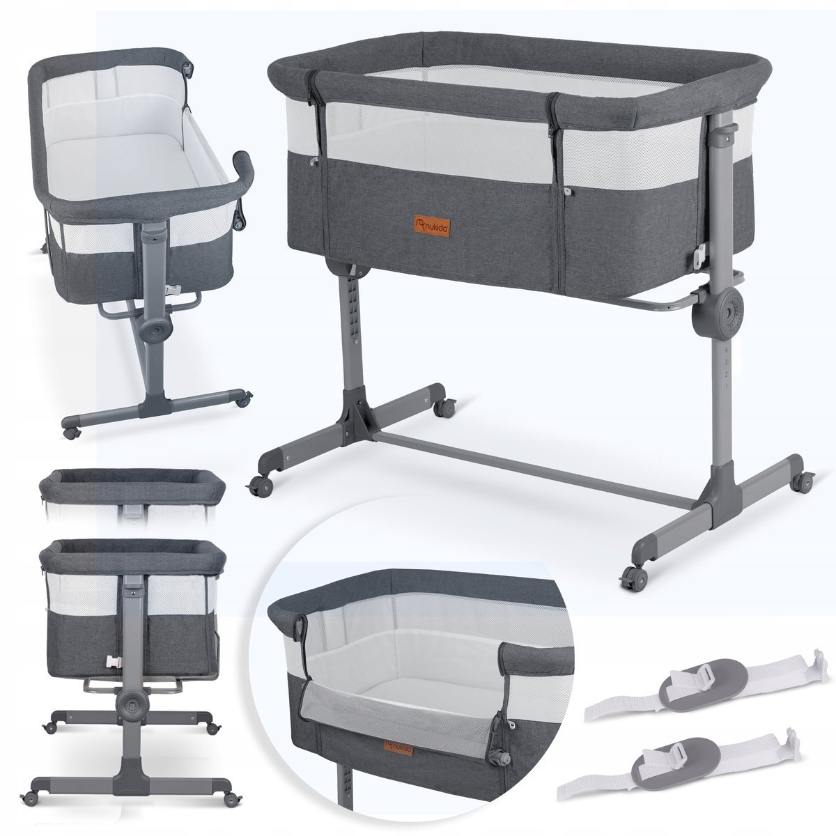 Łóżeczko Dziecięce Składane Turystyczne Niemowlęce Kółka 0-5m 9kg Szare