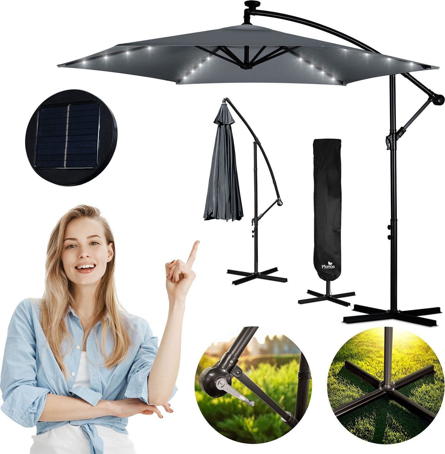 Plonos Parasol ogrodowy składany 6 segmentowy 350 cm z pokrowcem i lampkami PL-882