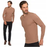 Swetry męskie - Elegancki SWETER MĘSKI Beżowy Klasyczny Okrągły Dekolt Modny MORAJ S - miniaturka - grafika 1