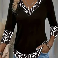 Bluzki damskie - TEMU Damski Wiosenno-Jesienny T-Shirt z Trzema Czwartymi Rękawami w Kolorowe Bloki, Elegancki Top - miniaturka - grafika 1