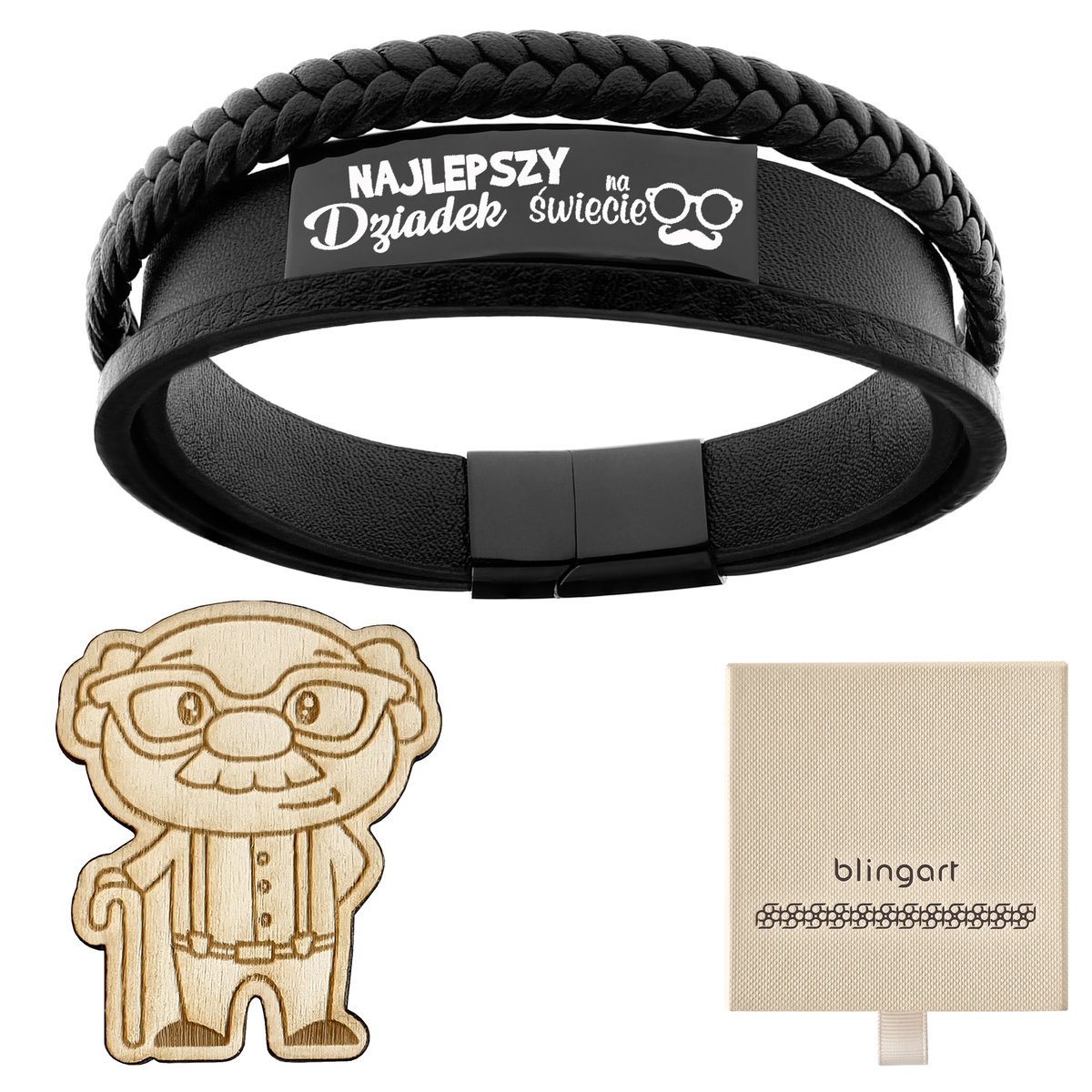 Bransoletka z GRAWEREM męska skórzana CZARNA stal