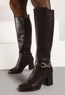 Brązowe Eleganckie Kozaki na Słupku z Ozdobnym Detalem przy Cholewce Resini - Kozaki damskie - miniaturka - grafika 1