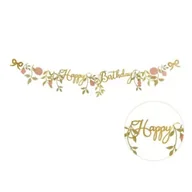 Dekoracje sali - Baner Happy Birthday kwiaty różowo złote 1.3m - miniaturka - grafika 1