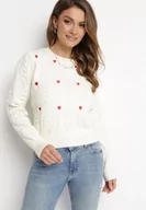 Swetry damskie - Beżowy Sweter o Klasycznym Fasonie z Ozdobnym Haftem Aggela - miniaturka - grafika 1