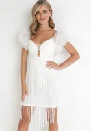 Sukienki - Biała Dopasowana Sukienka Mini z Tiulowymi Rękawami i Frędzlami Malenka - miniaturka - grafika 1