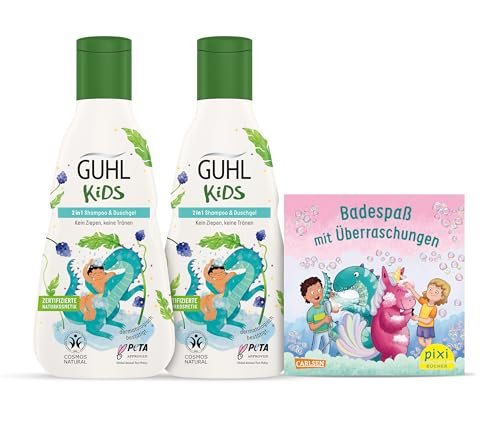 Guhl Kids Dino korzystny zestaw – 2 x Guhl Kids 2 w 1, szampon i żel pod prysznic, 250 ml + 1 x książka Pixi – zaprojektowany specjalnie dla dzieci, bez ciągnięcia, certyfikat Cosmos Natural
