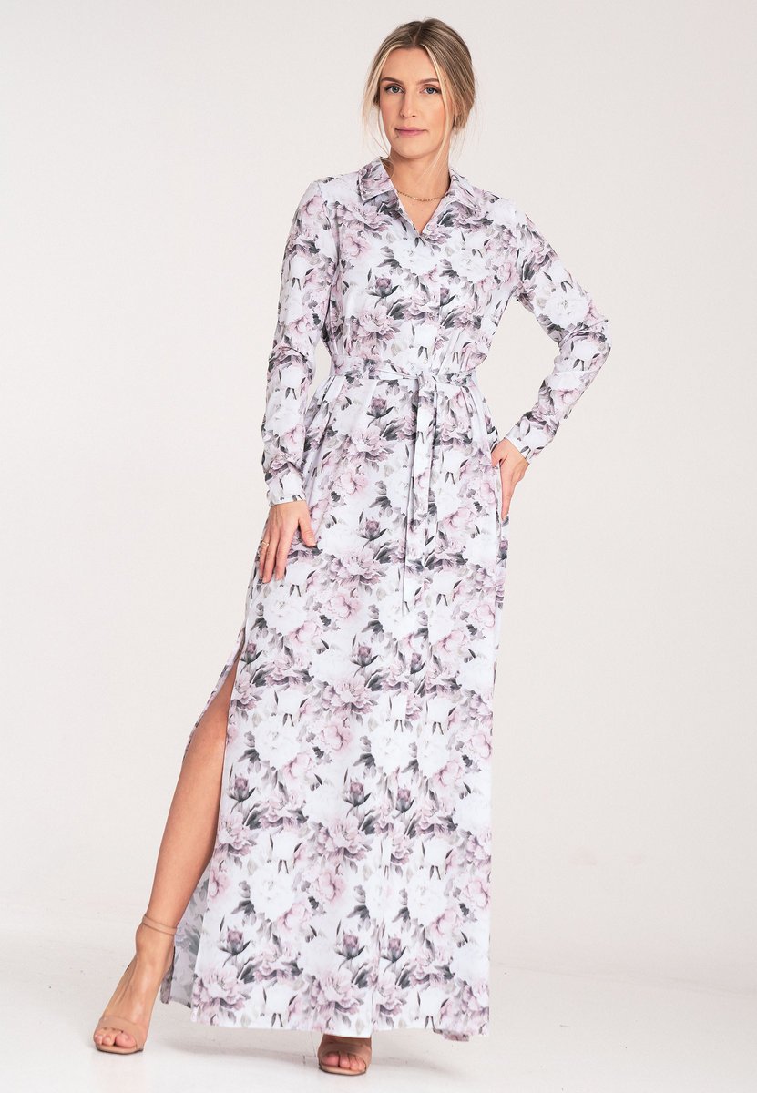 Koszulowa sukienka maxi z guzikami - biała w kwiaty M1077 rozmiar XL