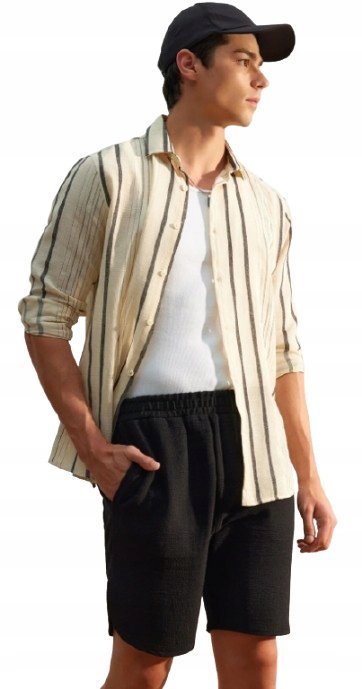 SHEIN MĘSKA KOSZULA CASUAL BEŻOWA PASKI Z KOŁNIERZYKIEM L 5AA