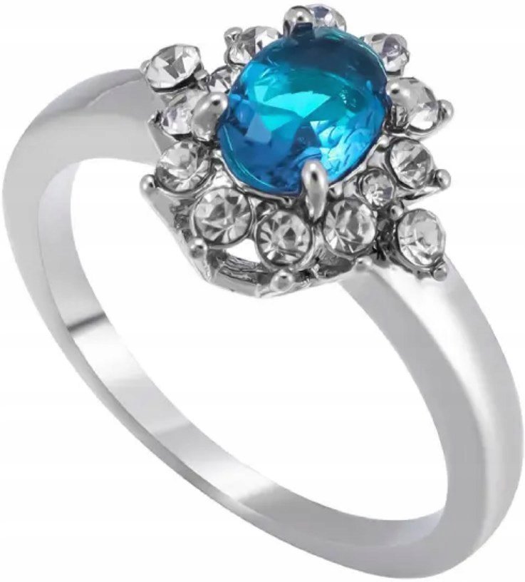 Srebrny Pierścionek z Niebieskim Topazem i Cyrkoniami Stal Chirurgiczna