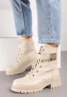 Botki damskie - Beżowe Płaskie Botki w Stylu Workerów z Paskiem i Metaliczną Klamrą Saivone - miniaturka - grafika 1