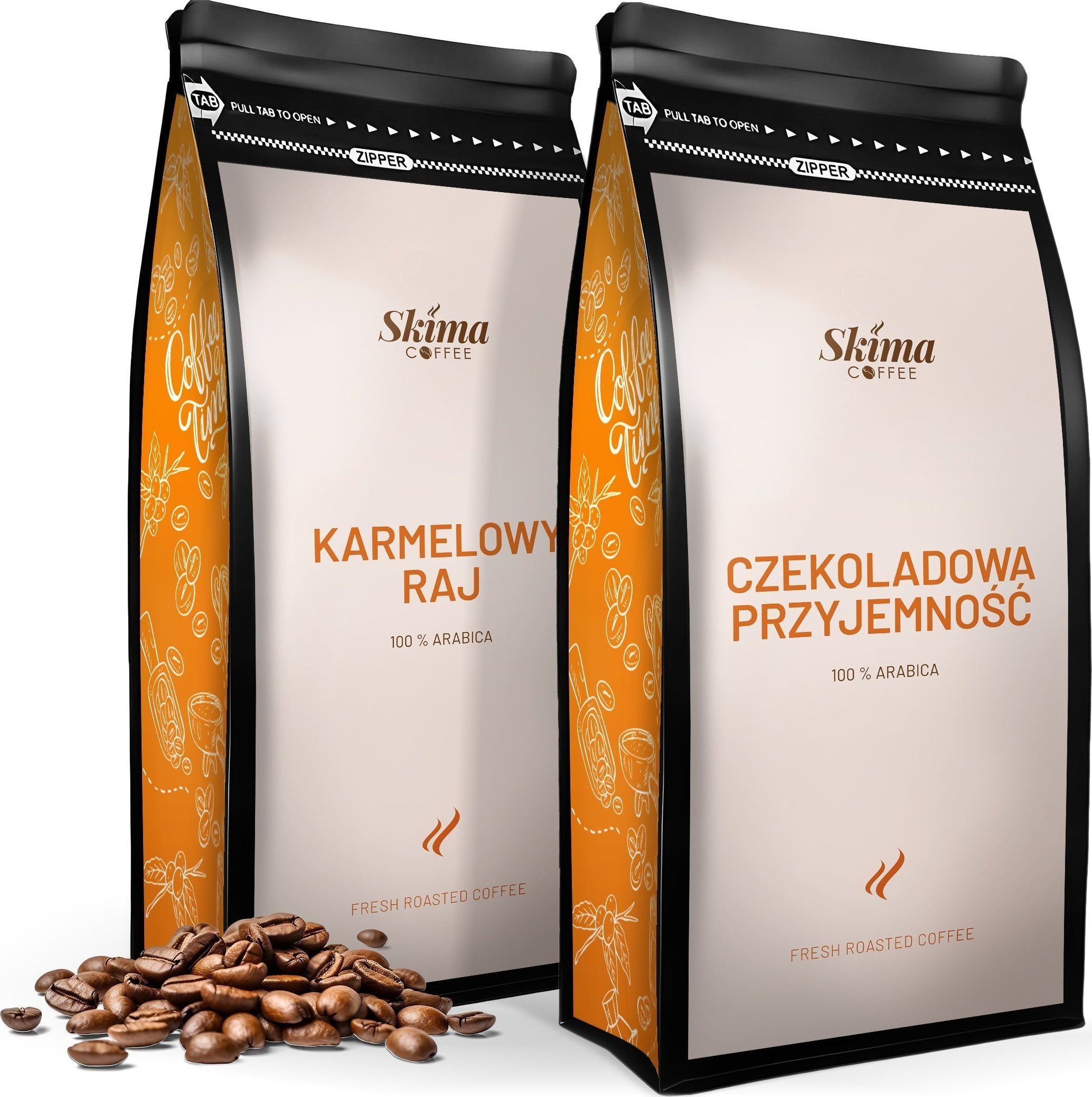 Zestaw Kawa ziarnista 1kgX2 KARMELOWY RAJ/CZEKOLADOWA PRZYJEMNOŚĆ Świeżo Palona do ekspresu + GRATIS