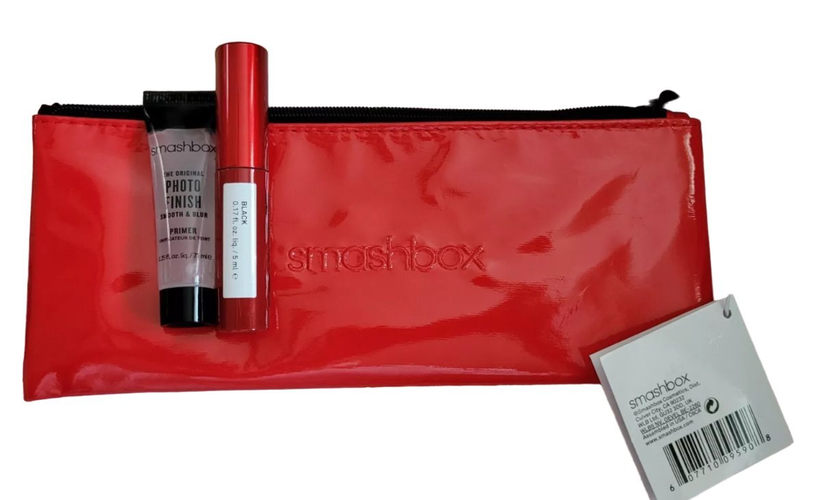 Deluxe Trial Size Set Smashbox: Super Fan, Volumizing, Mascara, Black, 5 ml + Photo Finish, Smoothing, Liquid Primer, 7.1 ml + Textile Makeup Bag, Red For Women