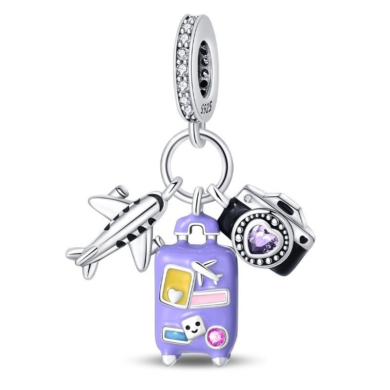 Zawieszka Charms Srebro 925 Koralik Samolot, Fioletowa Walizka I Aparat