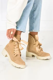 Beżowe botki z nitami na platformie wiązane wstążką polska skóra Casu 3069-P - Półbuty damskie - miniaturka - grafika 1
