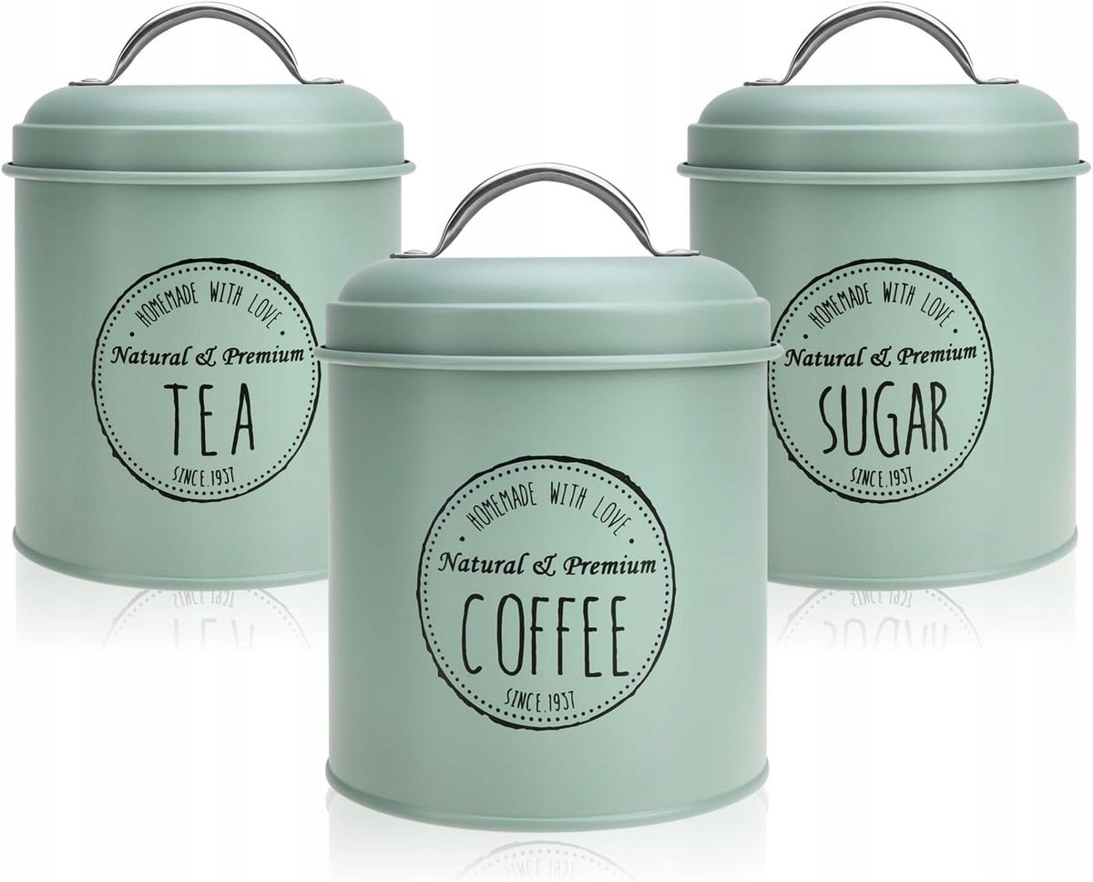 POJEMNIKI KUCHENNE X3 ZESTAW POJEMNIKÓW METALOWE KAWA HERBATA CUKIER