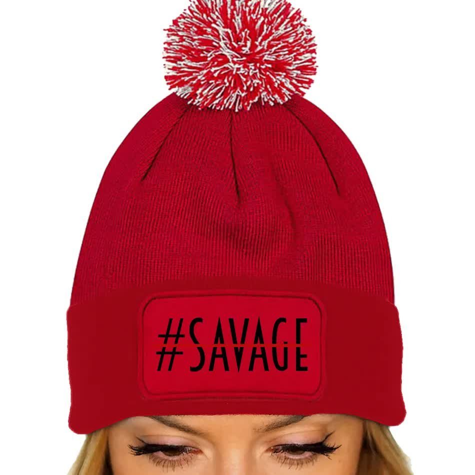 CZAPKA POMPON Bawełniana ZIMOWA Czerwona #SAVAGE Motywacyjne Zabawne Wzory