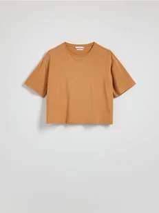 Reserved - Krótki t-shirt z modalem - musztardowy - Koszulki i topy damskie - miniaturka - grafika 1