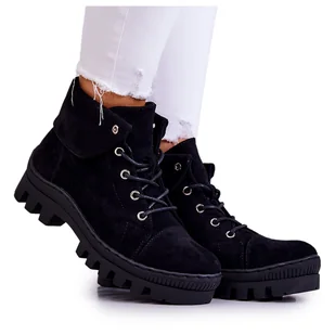 S.Barski Zamszowe Botki Trapery Wiązane Czarne Dalles - Botki damskie - miniaturka - grafika 1