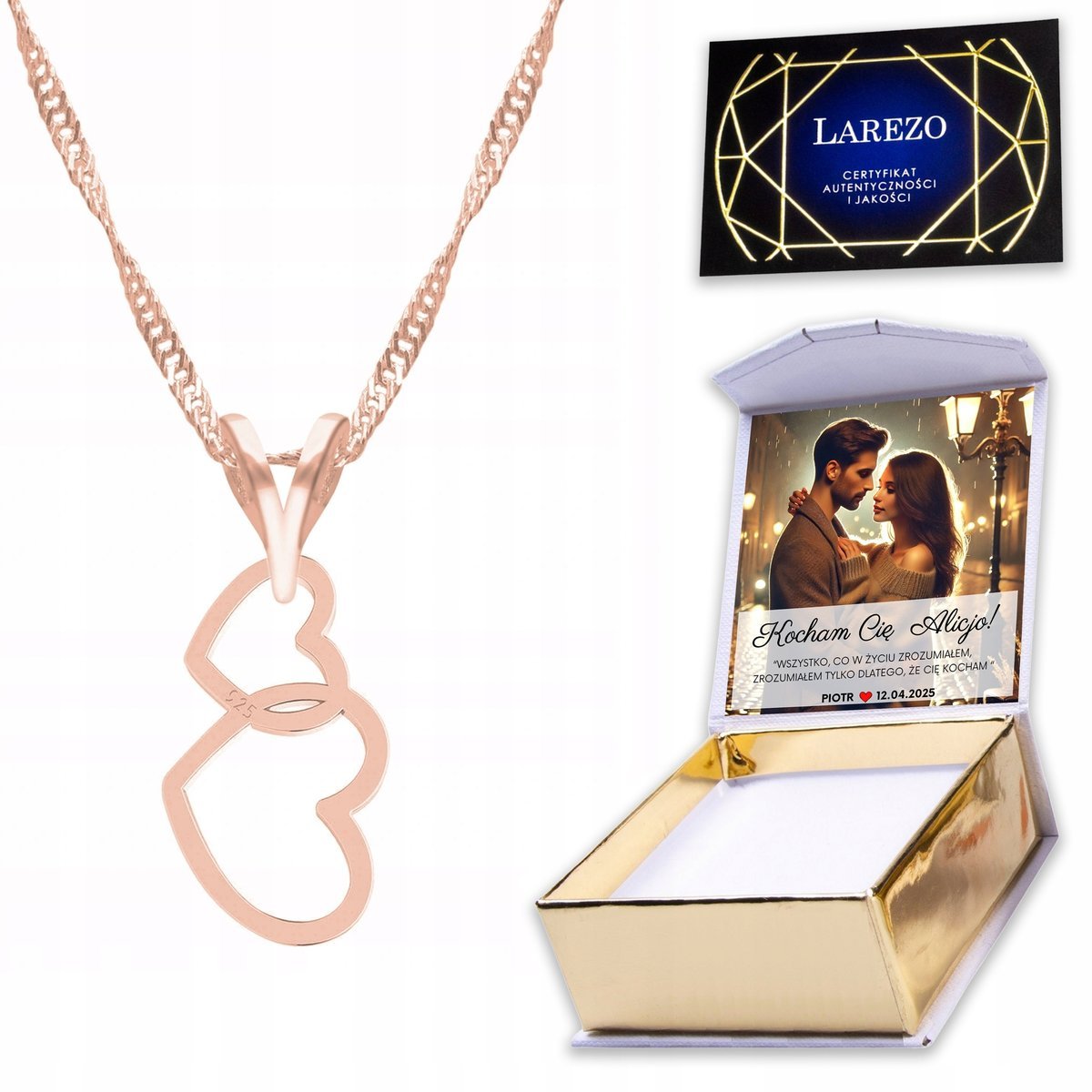 Naszyjnik Pozłacany 925 z Dwoma Sercami Serce Serduszka Serca Heart NADRUK