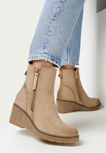 Beżowe Botki na Koturnie z Imitacji Zamszu Paurik - Botki damskie - miniaturka - grafika 1