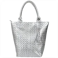 Torebki damskie - Srebrna torba worek skóra naturalna pikowana Borse in Pelle - miniaturka - grafika 1