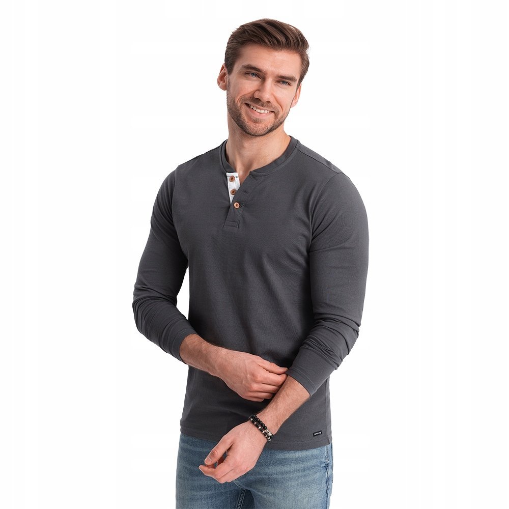 Koszulka męska longsleeve guziki grafitowy 100% bawełna V9 OM-LSCL-0107 M
