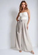 Spodnie damskie - Szare Szerokie Spodnie Garniturowe z Paskiem w Talii i Wysokim Stanem Quenelsea - miniaturka - grafika 1