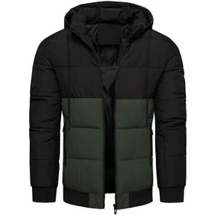 Kurtka męska ocieplana z odczepianym kapturem czarno-zielona Recea - Kurtki męskie - miniaturka - grafika 1