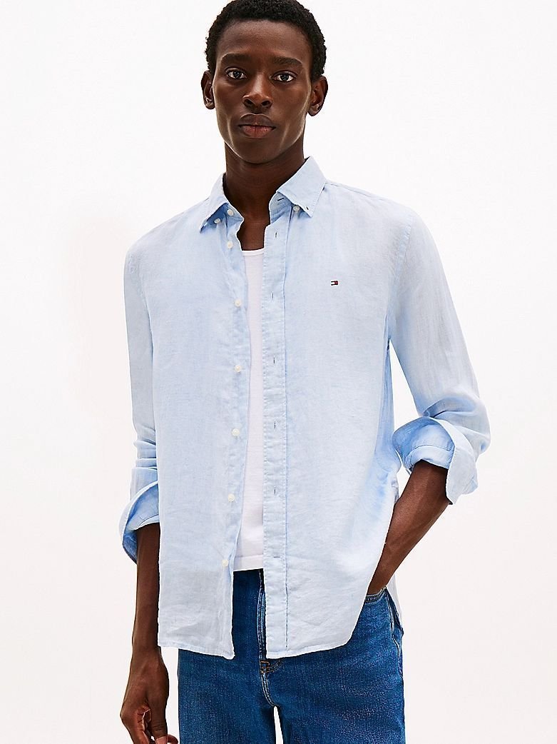 camicie uomo tommy hilfiger mw0mw34602 linen pigment dyed c10 breezy blue