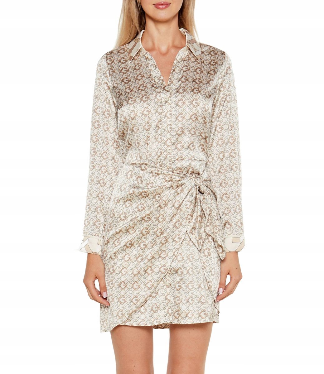 GUESS BEŻOWA SUKIENKA KOSZULOWA Z WIĄZANIEM I NADRUKIEM M 2CA