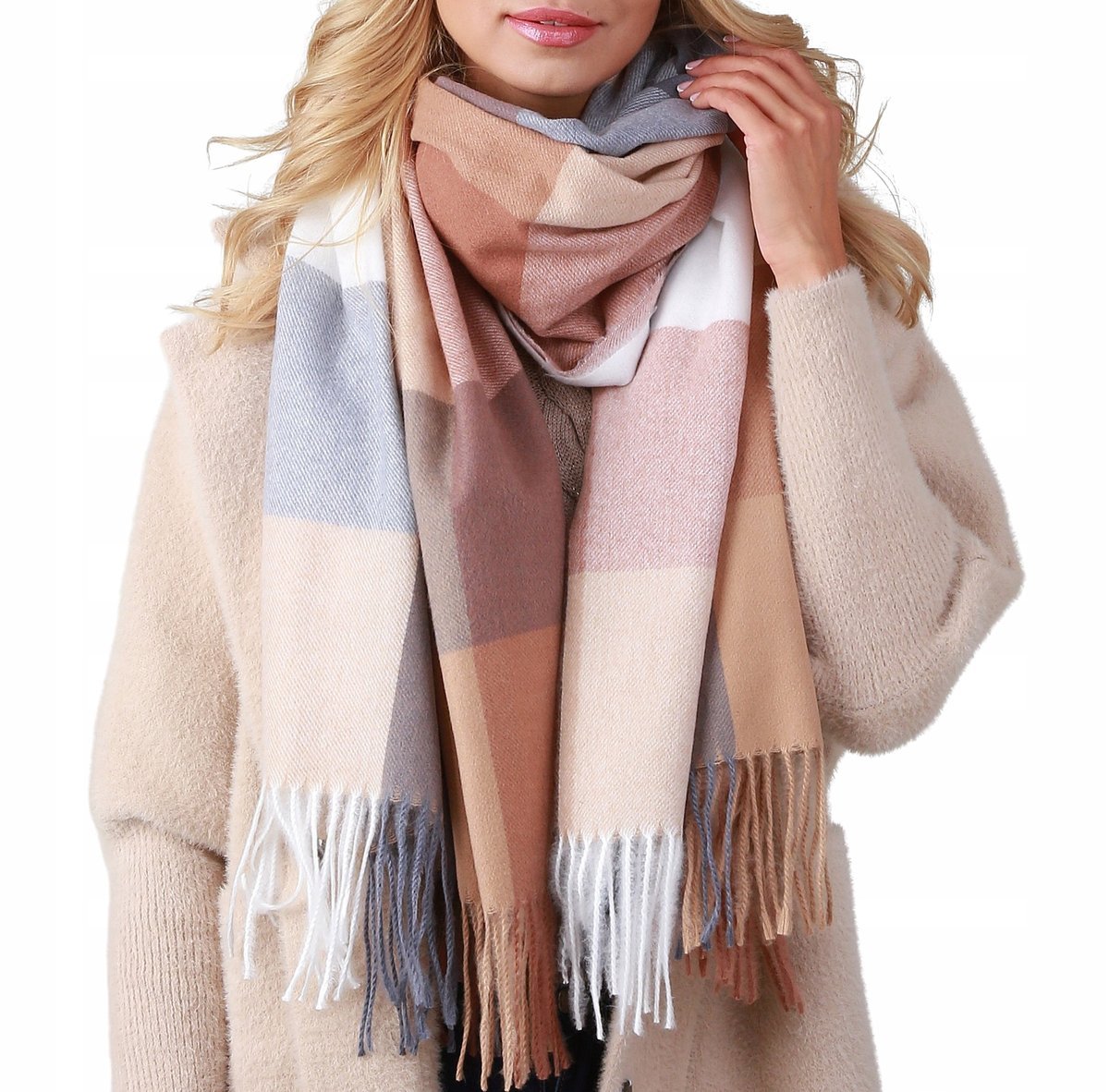 Ciepły DUŻY SZALIK W KRATĘ komin SZAL FRĘDZLE wz1