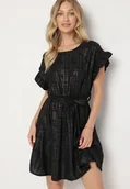 Sukienki - Czarna Sukienka Ozdobiona Falbankami i Paskiem Izulira - miniaturka - grafika 1
