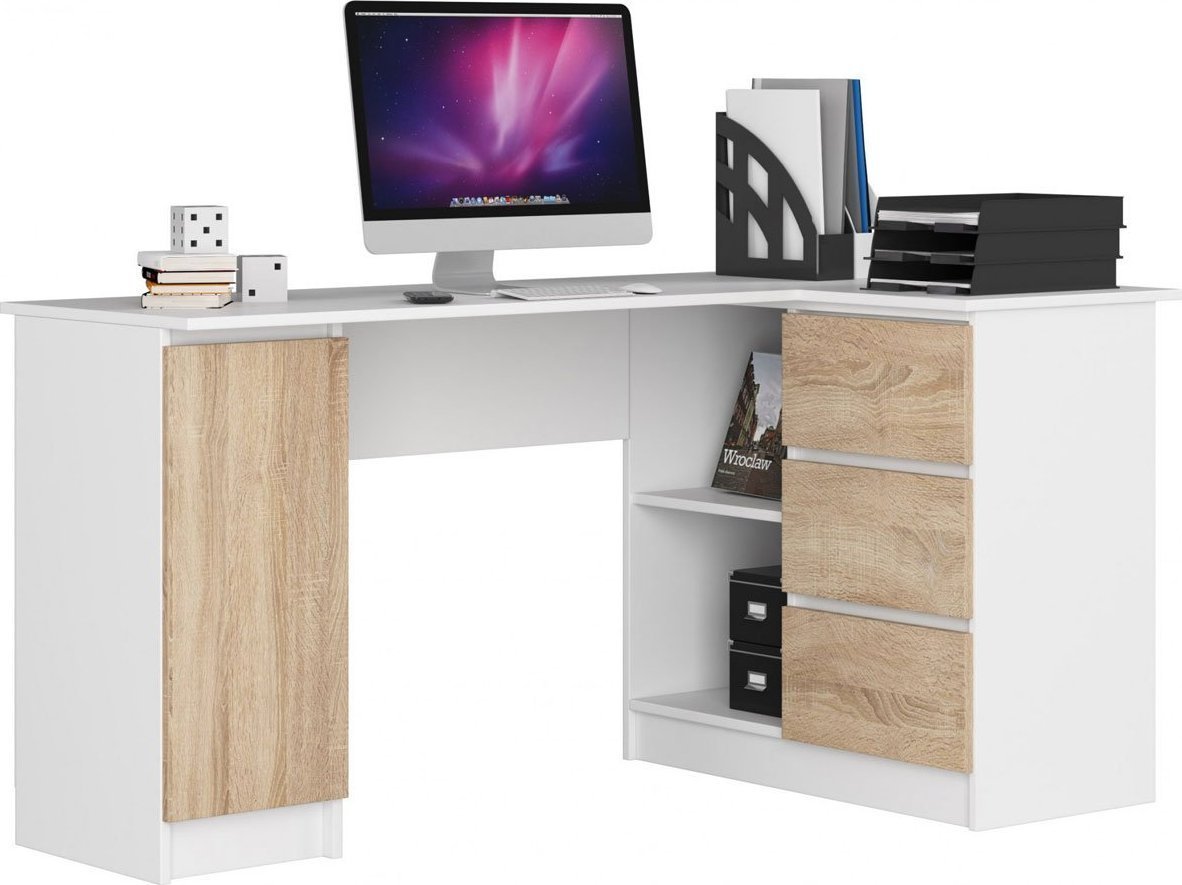 Elior Narożne biurko komputerowe biały + dąb sonoma prawostronne - Osmen 4X