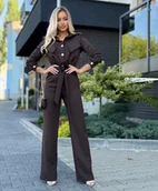 Kombinezony - Elegancki Kombinezon Damski Wiązany w Talii Pasek Czekolada S - miniaturka - grafika 1