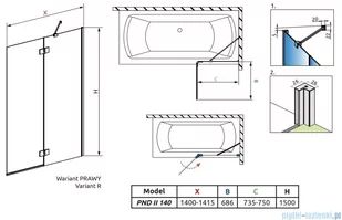 Radaway Essenza Pnd II parawan nawannowy 140cm prawy szkło przejrzyste 110002140-01-01R - Parawany nawannowe - miniaturka - grafika 2