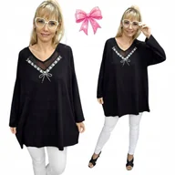 Bluzki damskie - ELEGANCKA TUNIKA KOKARDA CYRKONIE srebro bluzka duży rozmiar 50 52 5XL 3247 - miniaturka - grafika 1