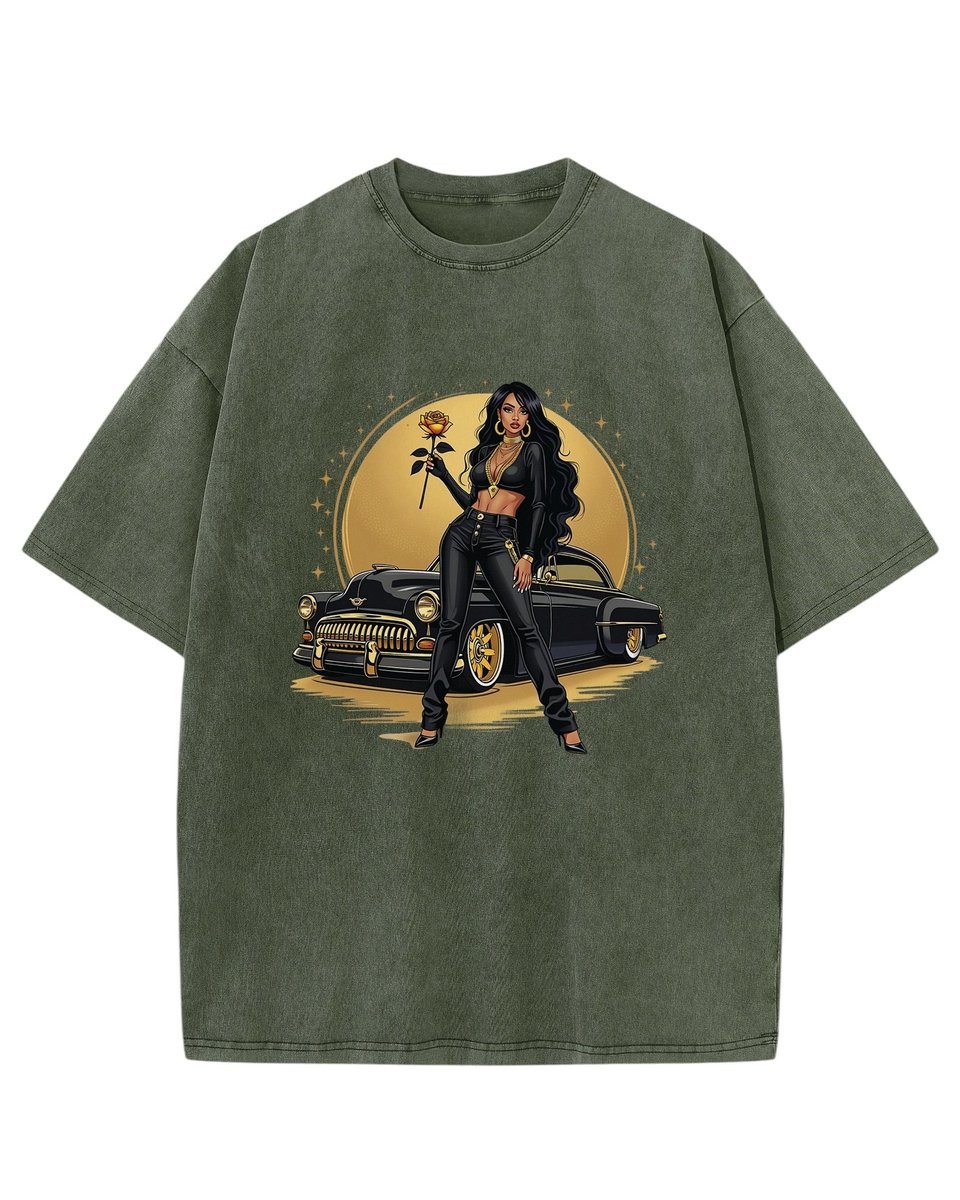 Koszulka oversize efekt sprania Kobieta Vintage Samochód khaki L