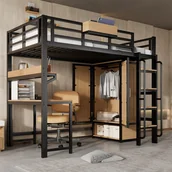 Łóżka dla dzieci i młodzieży - Łóżko piętrowe 90 x 200 cm z biurkiem i szafą - żelazo + płyta MDF - stelaż z listew w zestawie - kolor czarny + naturalny (bez materaca) - miniaturka - grafika 1