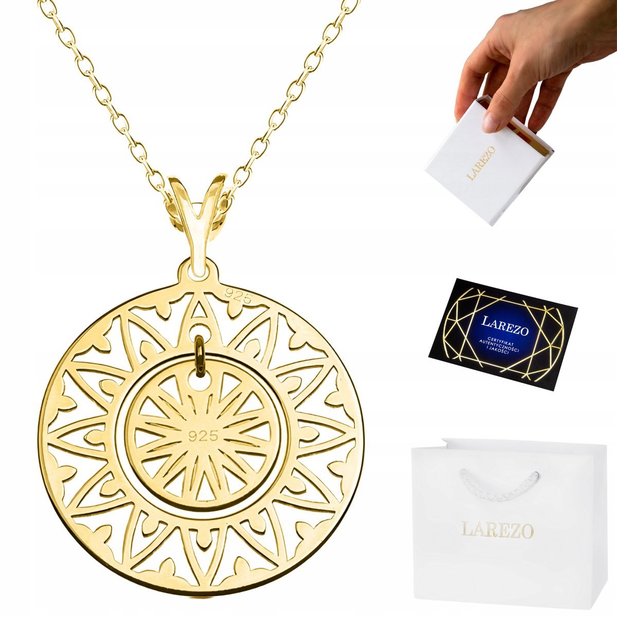 Złoty Naszyjnik 925 Ażurowy Okrągły Kółko Rozetka Ozdobny Wzór Medalion