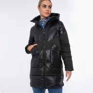 Płaszcze damskie - Damski płaszcz puchowy z łączonych materiałów z kapturem - miniaturka - grafika 1